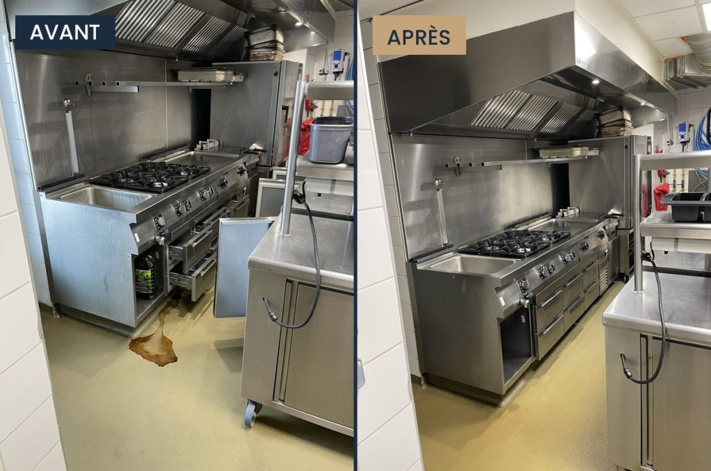 Cuisine professionnelle de restaurant avant et après nettoyage par LaveLuxe à Toulouse