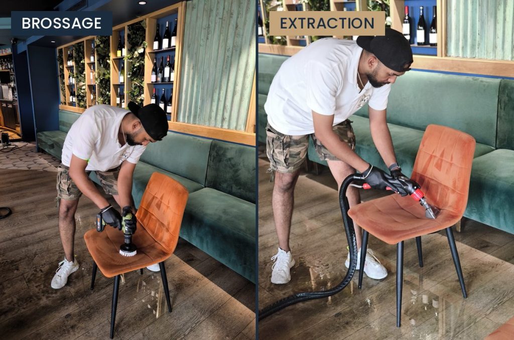 Nettoyage de chaises en tissu de restaurant : brossage puis injection-extraction – LaveLuxe