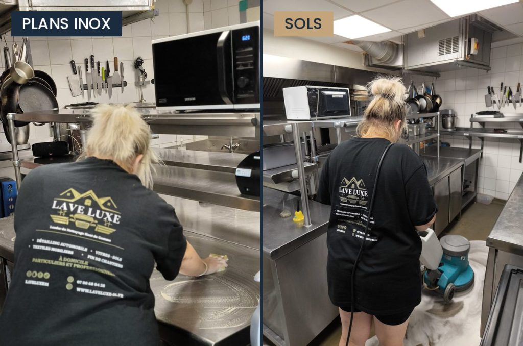 Nettoyage d'une cuisine de restaurant : plans de travail inox et sols – LaveLuxe Toulouse