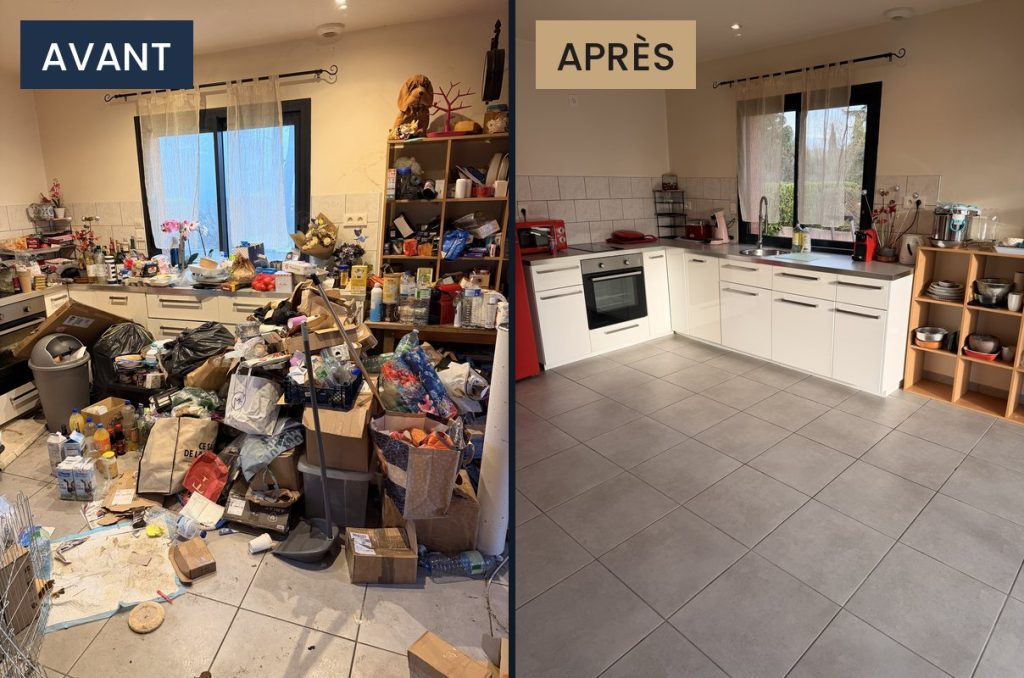 Avant / après : cuisine désencombrée et nettoyée, syndrome de Diogène, Toulouse