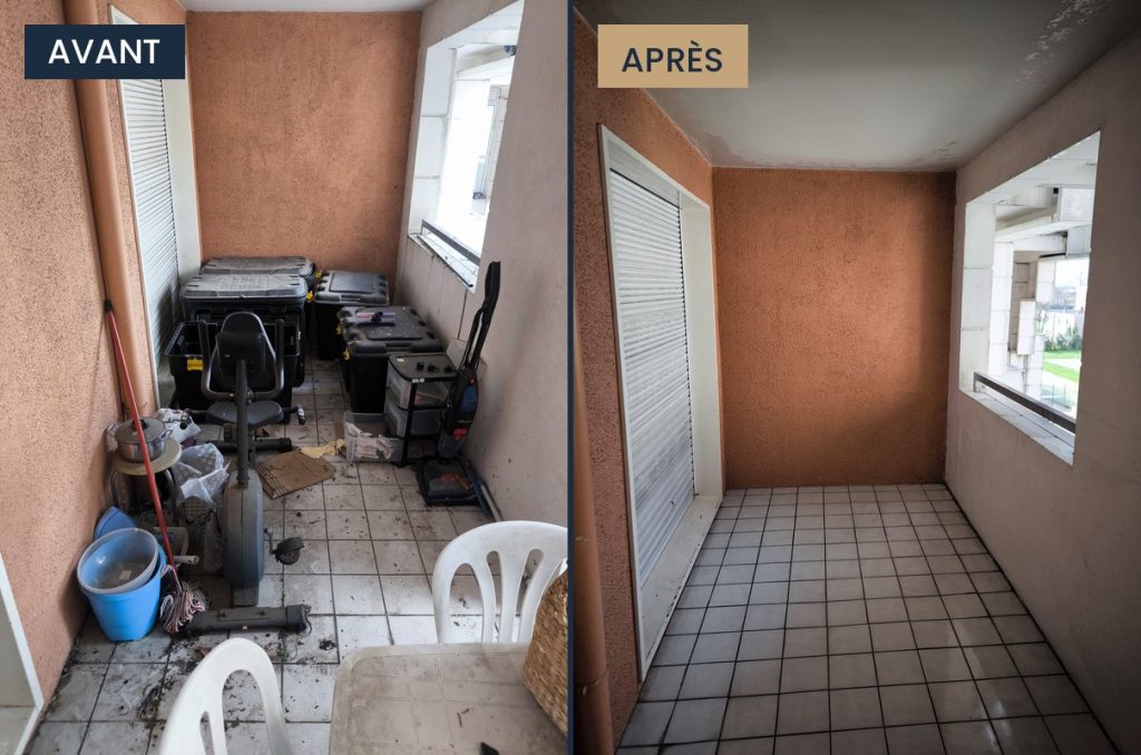 Balcon / loggia avant et après débarras et nettoyage par LaveLuxe à Toulouse
