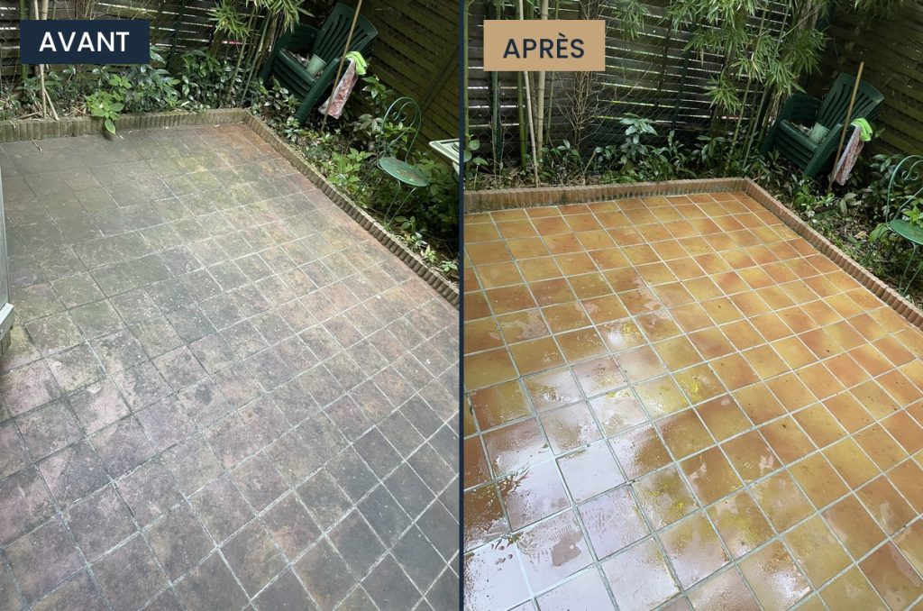 Terrasse carrelée avant et après nettoyage par LaveLuxe à Toulouse