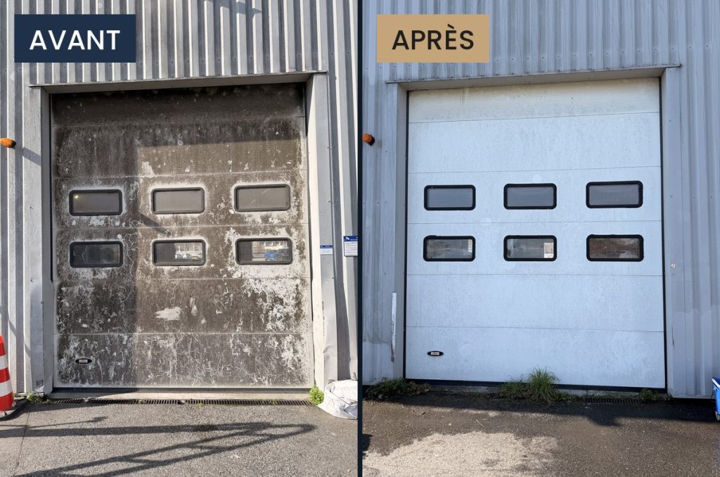 Avant / après : nettoyage d’une porte sectionnelle industrielle à Toulouse