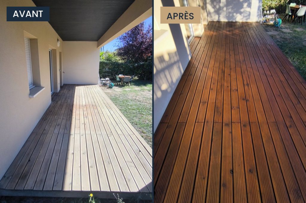 Terrasse en bois avant et après application de saturateur par LaveLuxe à Toulouse