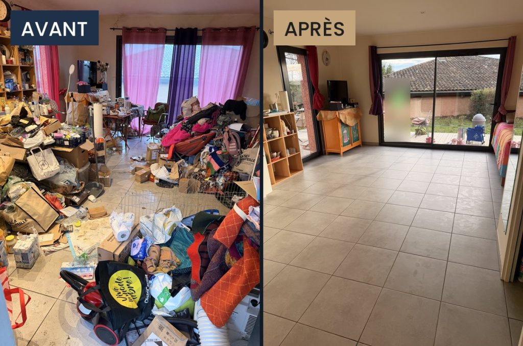 Avant / après : séjour désencombré et nettoyé, syndrome de Diogène, Toulouse